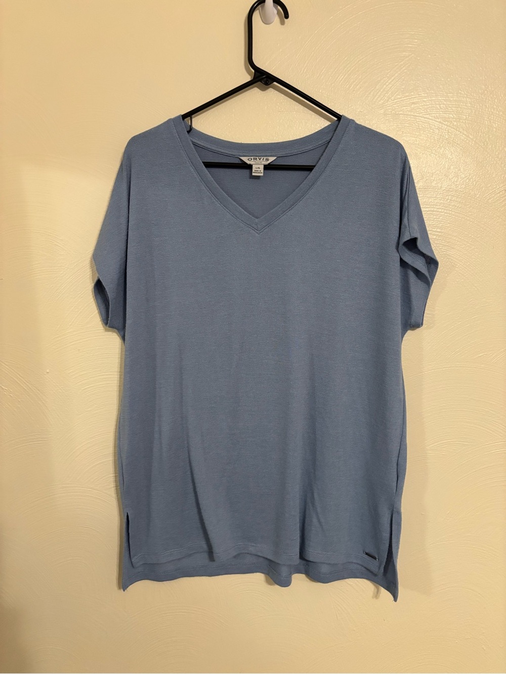 Orvis Classic Collection Women Large Blue V Neck Tunic Top Dolman Sleeve